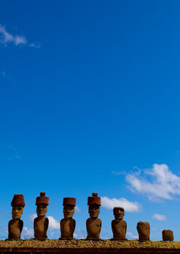 Moais In Ahu Nau Nau At Anakena Beach, Easter Island, Chile
