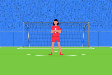 Women's world Cup. Goalkeeper on the background of the gate and the stands with the fans. Vector illustration