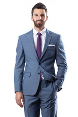 A young man wearing suit on a white background