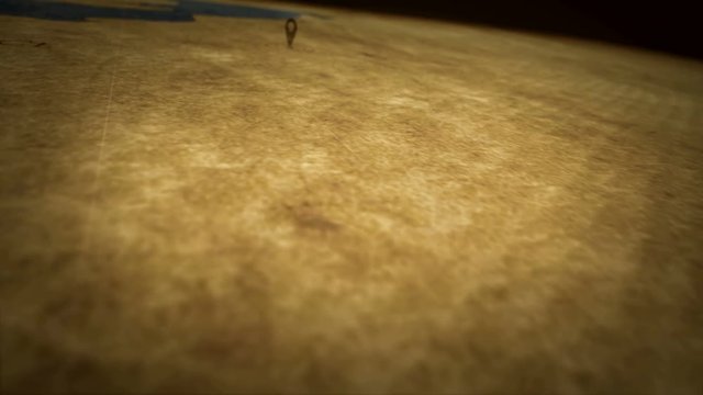 Paris on retro map. Fast flight over old atlas chart with city marked by pushpin. Vintage texture maps 3D animation.