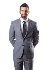 A young man wearing suit on a white background