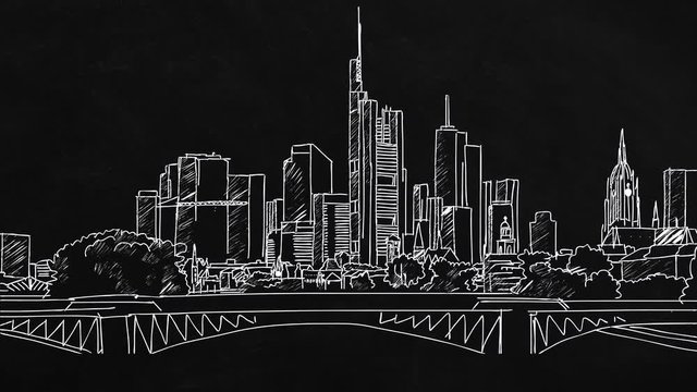 Frankfurt Main Skyline - self-drawing lines on blackboard