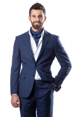 A young man wearing suit on a white background
