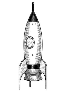 Toy rocket illustration, drawing, engraving, ink, line art, vector