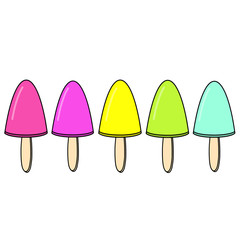 Ice cream lollys collection rainbow colored fruity of five frozen popsicles. Colorful summer fruit food set isolated vector illustration on white background. Good for print textile wedding bar menu.