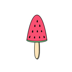 Ice cream frozen fruit logo. Vector pattern of watermelon slice on a stick on a white background for wrapping paper. Summertime season food dessert concept. Restaurant, bar identity menu template.