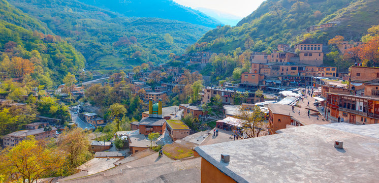 Masuleh village houses at bright blue sky, Gilan province - Iran