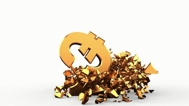 Brexit issue, pound vs. euro, two golden currency symbols fighting and smashed, on white background. 3D rendering. animation.