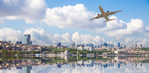 Airplane flying above the Dolmabahce palace - Istanbul, Turkey 