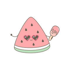 cute cartoon vector watermelon character with ice cream funny summer illustration isolated on white background