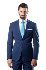 A young man wearing suit on a white background