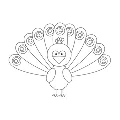 cute cartoon black and white peacock vector illustration for coloring art