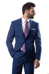 A young man wearing suit on a white background
