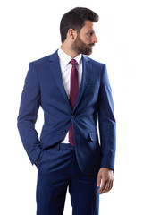 A young man wearing suit on a white background