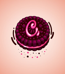 Vector brown cookie and pink letter c  illustration initial  