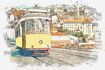Watercolor sketch or illustration of a traditional yellow tram on a street in Lisbon in Portugal.
