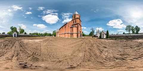 Full seamless hdri panorama 360 degrees angle view red brick facade of church in decorative...