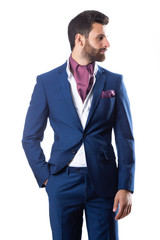 A young man wearing suit on a white background