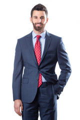 A young man wearing suit on a white background