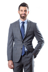 A young man wearing suit on a white background