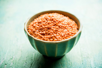 Red Lentil or Lal Masoor ki dal in a bowl, selective focus