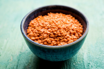 Red Lentil or Lal Masoor ki dal in a bowl, selective focus