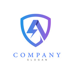 Shield logo with letter A design vector, thunder and letter a icon