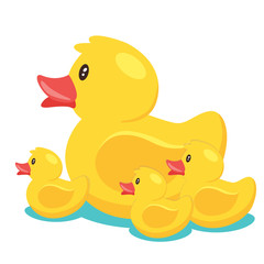 Yellow cute cartoon rubber bath duck in blue water. vector illustration