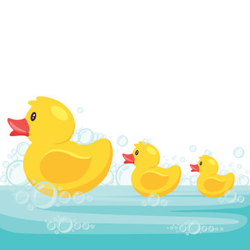 Yellow cute cartoon rubber bath duck in blue water. vector illustration