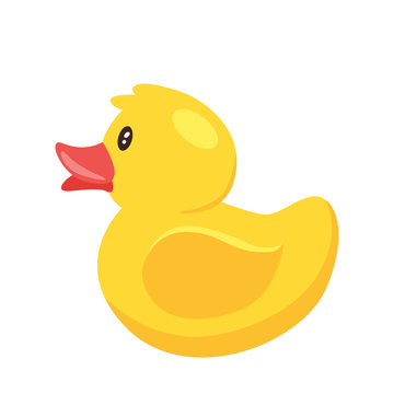 Yellow cute cartoon rubber bath duck in blue water. vector illustration