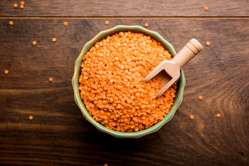Red Lentil or Lal Masoor ki dal in a bowl, selective focus