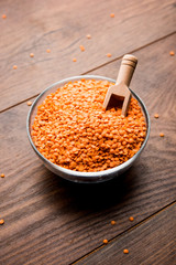 Red Lentil or Lal Masoor ki dal in a bowl, selective focus