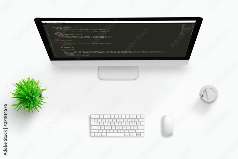 Poster Top view scene of freelancer code developer work desk. Concept of visual code editor computer screen. Plant, keyboard, mouse and cup of coffee beside.