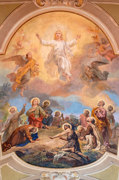 BELAGGIO, ITALY - MAY 10, 2015: The fresco of Ascension of the Lord in church Santa Maria Annunciata (Visgnola) by Luigi Morgari from 20. cent.