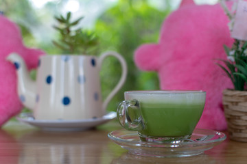 Tea time, hot green tea, food and drinks