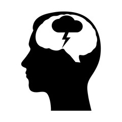 silhouette of a man's head with a brain and lightning with a cloud on a white background