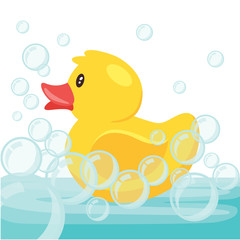 Fototapeta na wymiar Yellow cute cartoon rubber bath duck in blue water. vector illustration