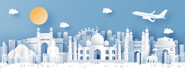 Panorama view of India with Taj Mahal and skyline with world famous landmarks in paper cut style vector illustration