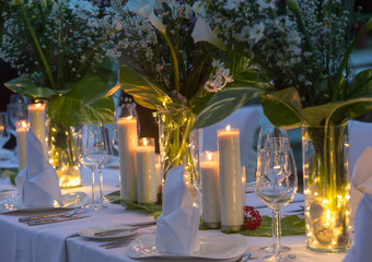Wedding table decor. Beautiful Festive table set up for wedding or party