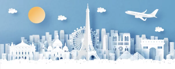 Fotobehang Panorama view of Paris, France and city skyline with world famous landmarks in paper cut style vector illustration © ChonnieArtwork 