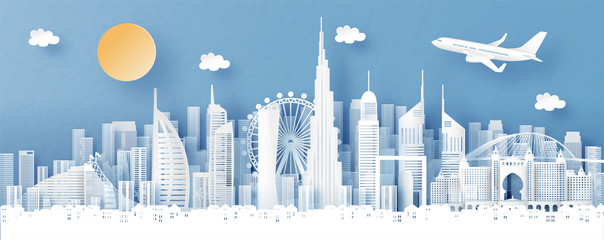 Panorama view of Dubai and city skyline with world famous landmarks in paper cut style vector illustration