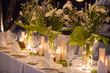 Wedding table decor. Beautiful Festive table set up for wedding or party