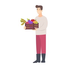 Gardener holds a box with harvest. Vector
