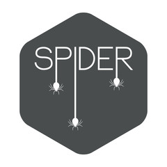 Icono plano texto SPIDER con tela de araña en hexágono color gris