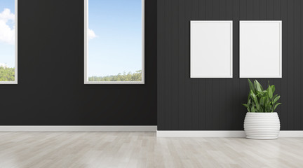 Mock-up of picture frame with small plant in vase and books on the wall. Perspective of modern Interior design. 3d rendering.