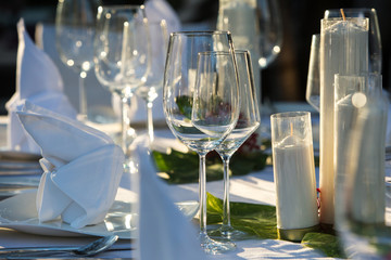 Wedding table decor. Beautiful Festive table set up for wedding or party