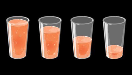 Set of glasses with fresh sparkling juice. Full and empty. Vector illustration isolated on black background.
