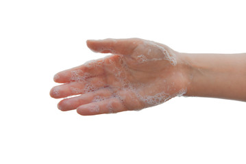 Close up hand washing to be clean. Foam made of liquid soap on your palm.  Hygiene concept. Protection from bacteria. 