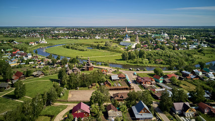 Museum of wooden architecture and peasant life, the Christmas Cathedral, the city of Suzdal, the Golden Ring of Russia dron