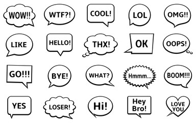 Speech bubbles set with short messages - yes, cool, omg, wow, hello, bye, and other.